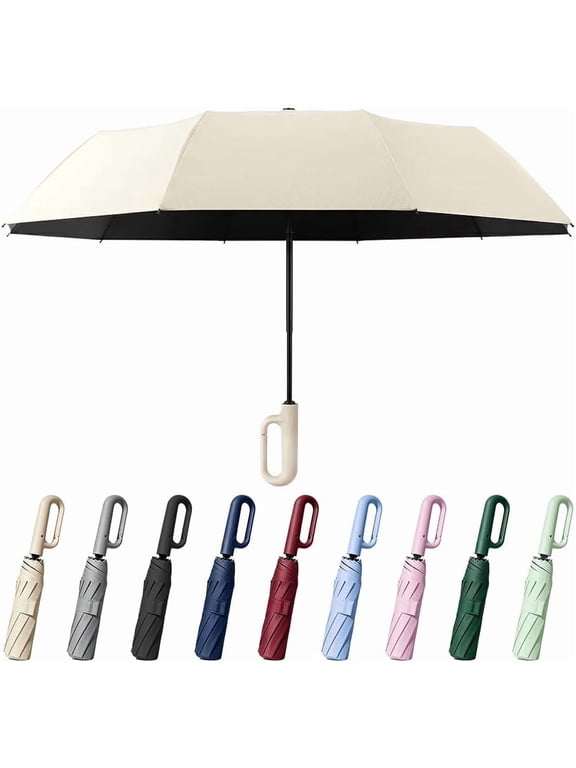 Automatic Folding Umbrella, Ring Buckle Windproof 10 Rib Umbrella, Auto Open Close 2 in 1 Sun Rain Pocket Travel Umbrella, White