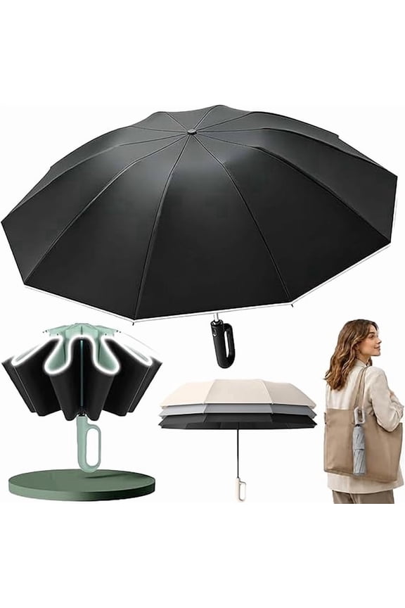 Automatic Folding Umbrella, UPF 50+ Sun Rain Parasol with Carabiner Handle, Windproof Travel Canopy with Reflective Strip for Commuters, Black, 1 Pack