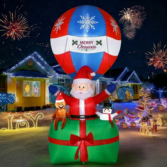 9FT Christmas Decorations Inflatables with Blow Up LED Lights, Santa Claus Gift Boxes Snowman Gingerbread Man in Hot Air Balloon For Outdoor Holiday Yard Decor, Xmas Party,Yard, Garden and Lawn