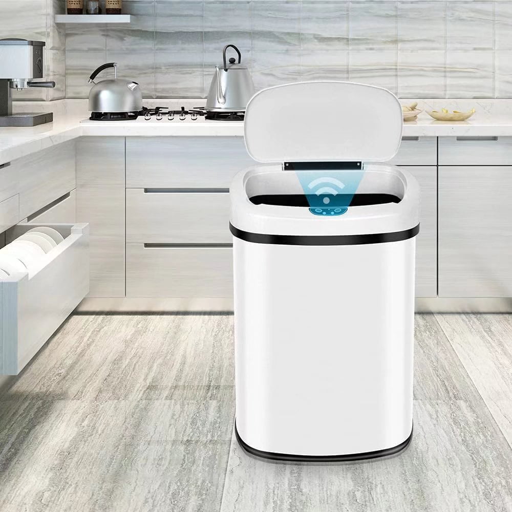 Automatic Garbage Can Touch Free Stainless Steel Trash Can No Touch Kitchen Waste Bin High-Capacity Bathroom Trash Can with Lid for Home Bedroom Office, White