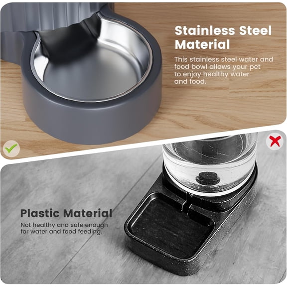 Automatic Gravity Cat Food Feeder and Water Dispenser Stainless Steel Two-in-One Set Large Capacity Dispenser for Pets Dogs, Puppies, Kittens-(0.8 Gallons x 2)