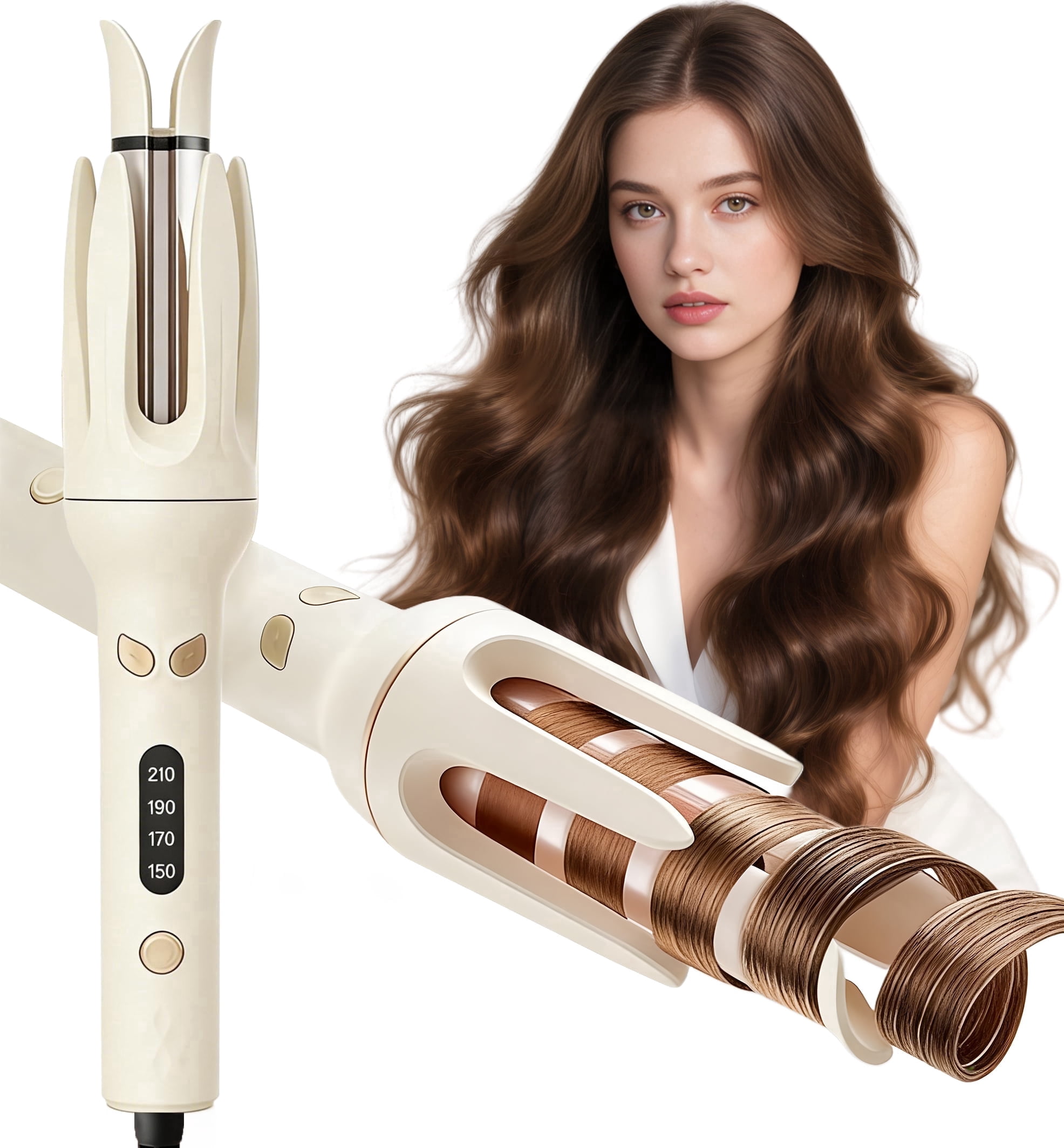 Moremore 1.10 in Automatic Curling Iron, Electric Curling Wand, Anti-Tangle Rotating Ceramic Hair Curler, Negative Ionic, Cream Yellow