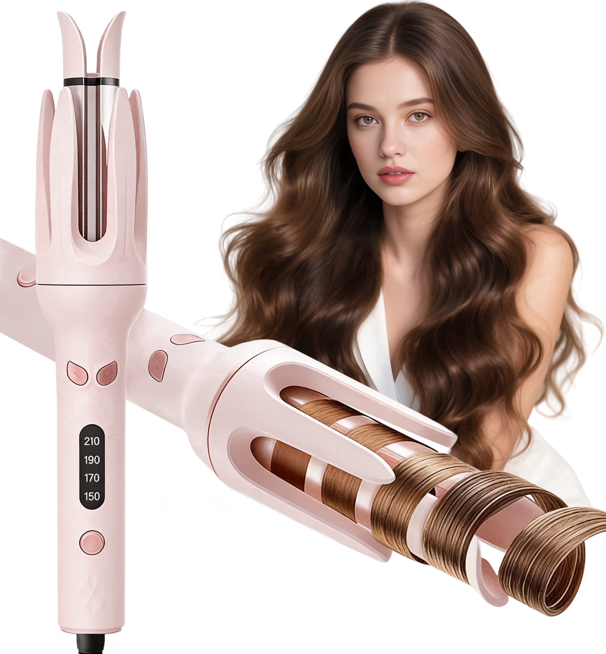 Moremore 1.10 in Automatic Curling Iron, Electric Curling Wand, Anti-Tangle Rotating Ceramic Hair Curler, Negative Ionic, Pink