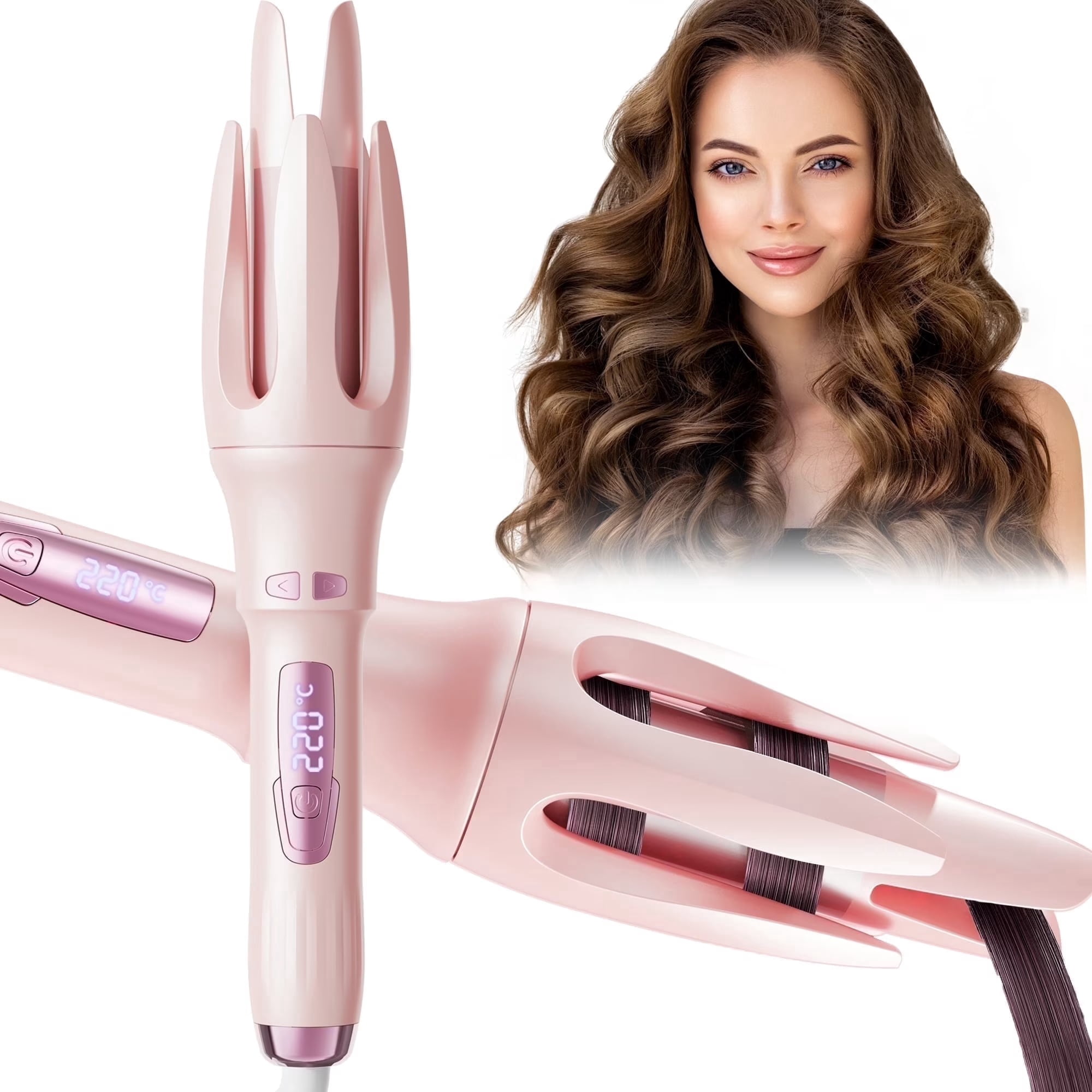 Automatic Hair Curler, Professional 1.5" Rotating Ceramic Curling Iron with Adjustable Temperature & Timer, Safe Hair Styling Tool, Pink