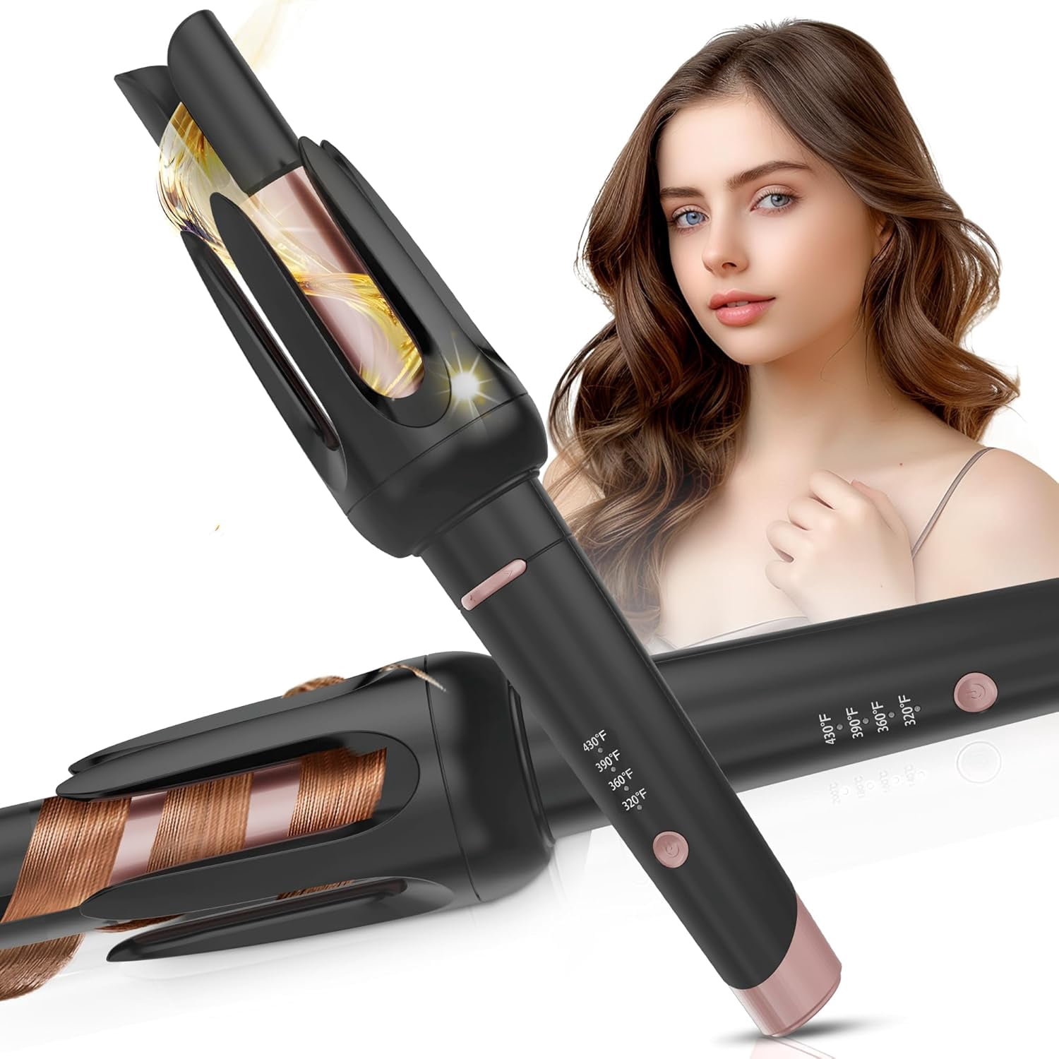 Automatic Hair Curler with 4 Temperature & 3 Timer Settings, Auto-Rotating Ceramic Curling Iron with Anti-Tangle & Anti-Scold Design