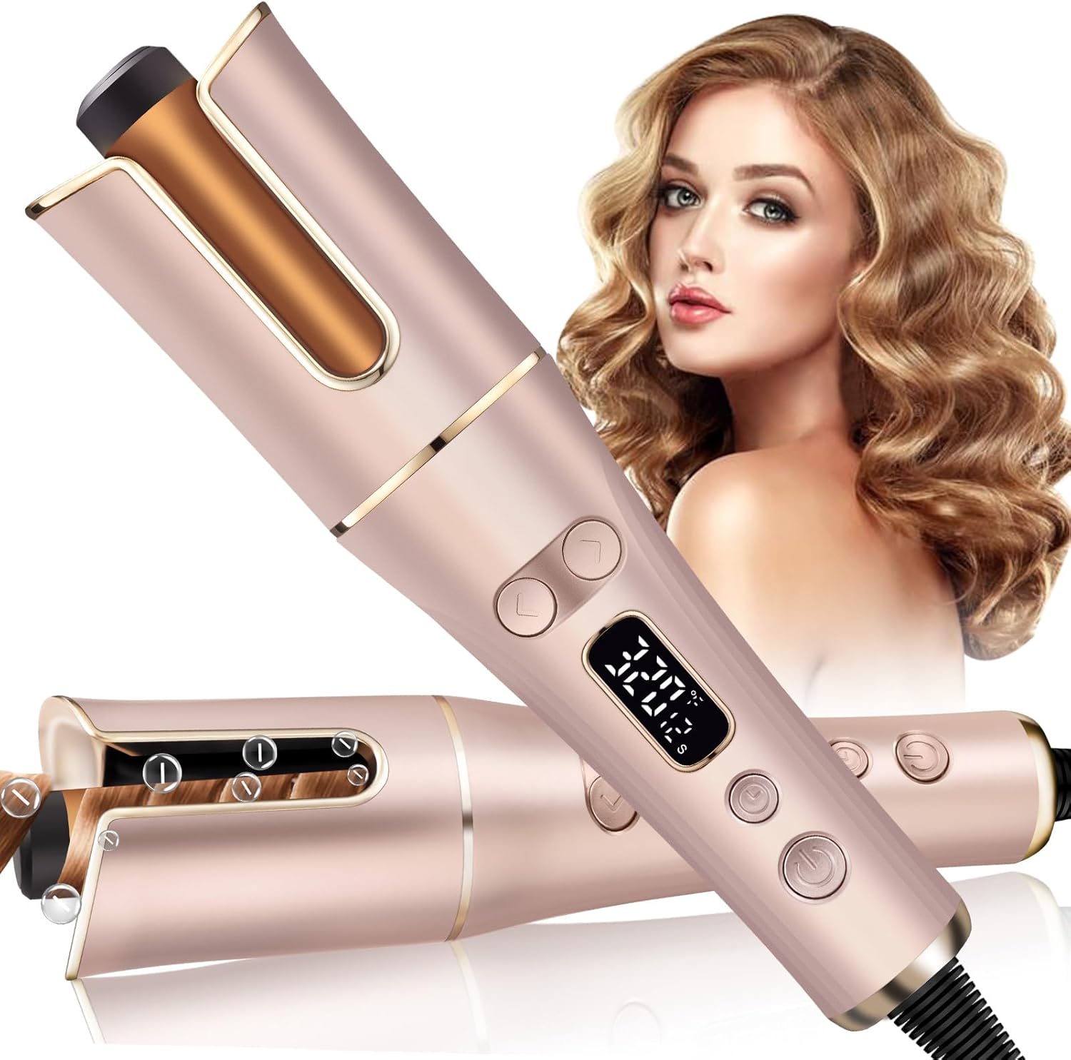 Automatic Hair Curler with 5 Temperature & 3 Timer Settings, Auto-Rotating Ceramic Curling Iron with LCD Display, Anti-Tangle & Anti-Scald Design