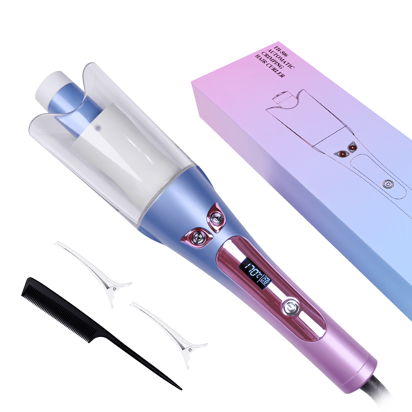 Automatic Hair Curling Wand Set - Gradient Color, Plastic-Ceramic-Metal Build, 13.97X4.72X2.48 Inch, with Comb & 2 Clips