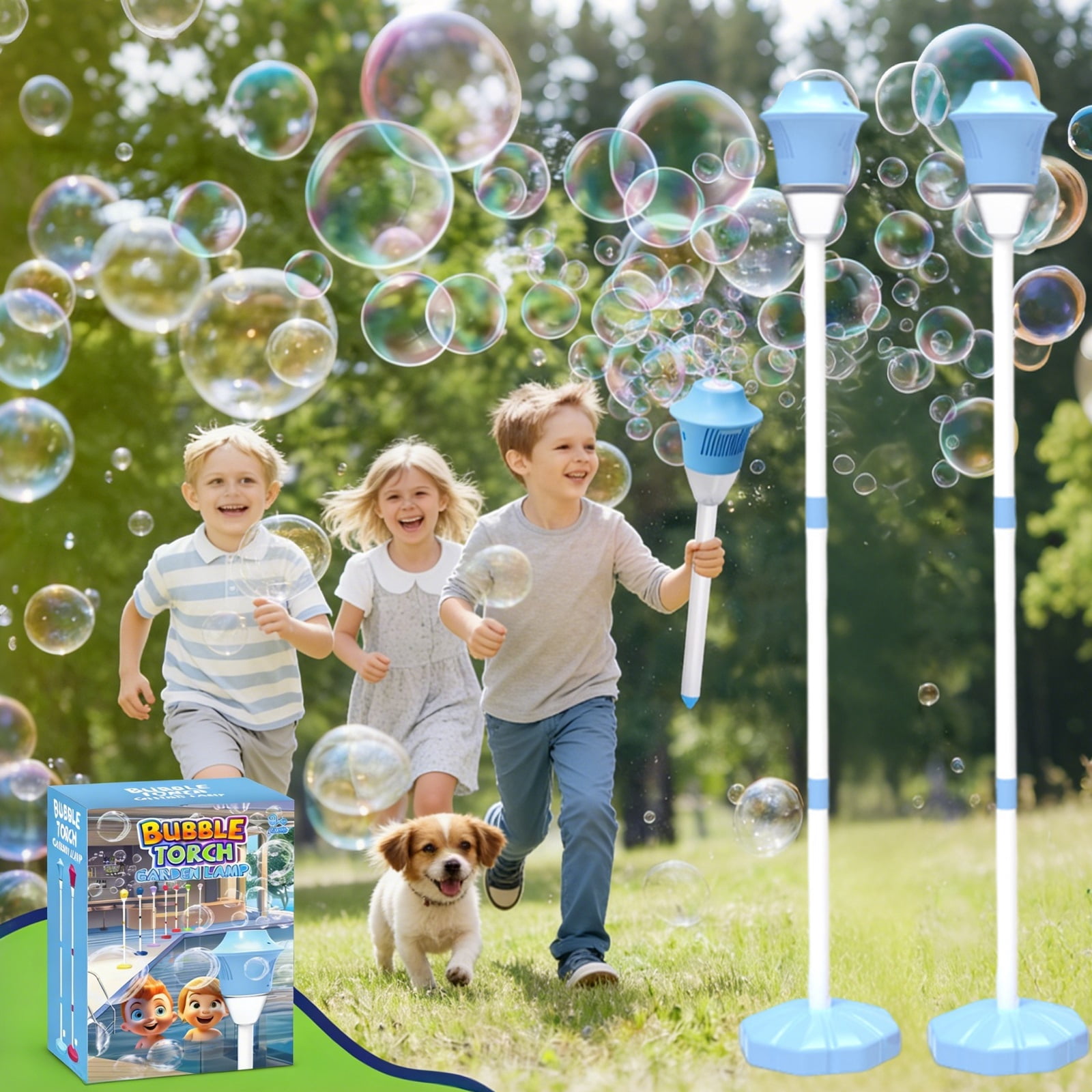 Automatic Handheld Bubble Machine, Outdoor Standing Light up Bubble Blower, Electric Stand up Bubbles Maker with Lights Music, Rechargeable for Party Wedding Play, Adjustable Height
