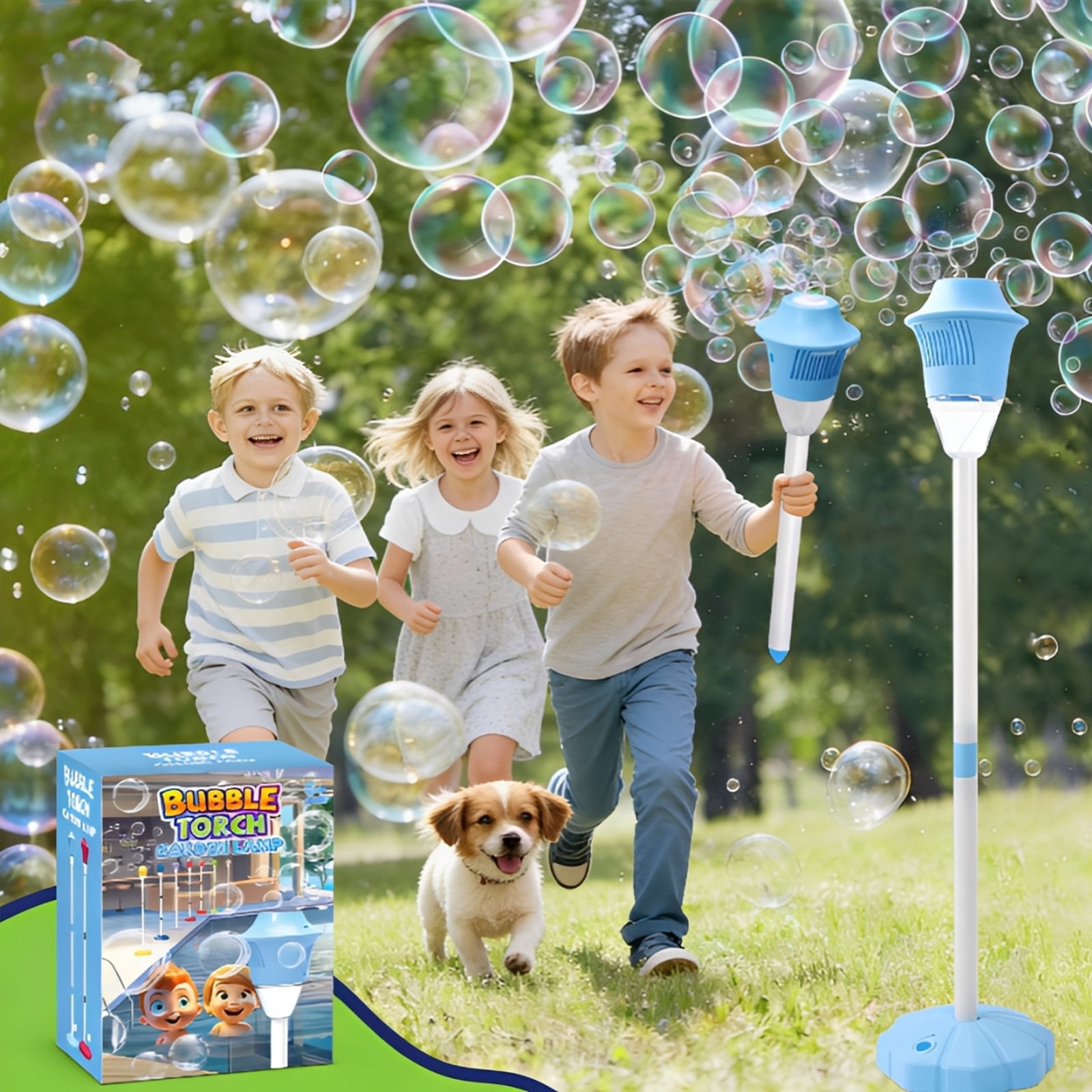 Automatic Handheld Bubble Machine, Outdoor Standing Light up Bubble Blower, Electric Stand up Bubbles Maker with Lights Music, Rechargeable for Party Wedding Play, Adjustable Height