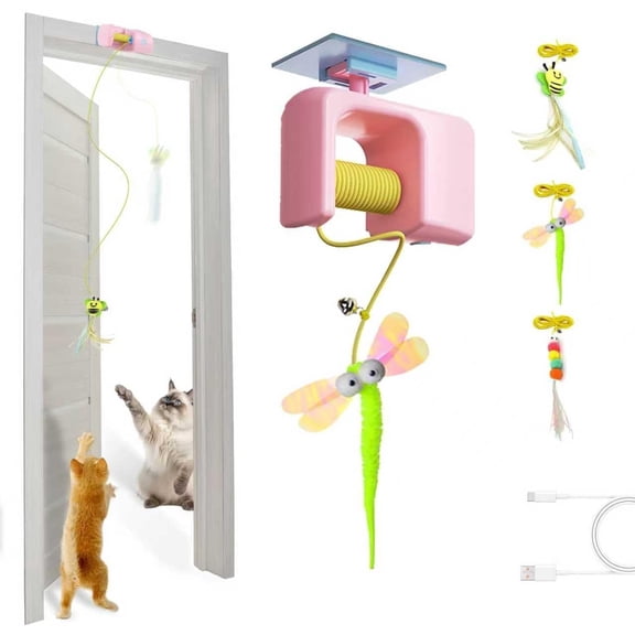 Automatic Hanging Cat Toy for Indoor Cats, Electric Doorway Cat Teaser with Motion Sensor, Quiet Motor & Retractable Rope, 3 Replaceable Feather Attachments, USB Rechargeable, Pink