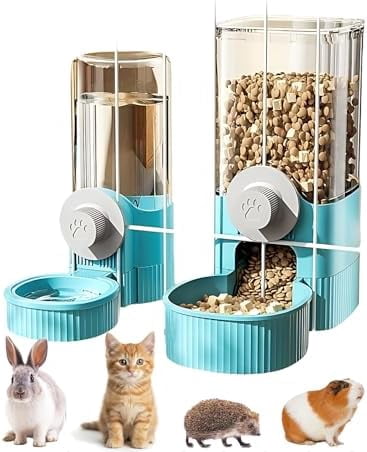 Automatic Hanging Gravity Pet Feeder and Water Dispenser Set ，Automatic Rabbit Feeder and Dog Water Dispenser for Dogs Cats Pets Animals Large Capacity (Blue Water Feeder&Food Feeder) (Blue)