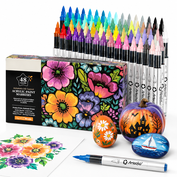 Automatic Ink Control Markers, 48 Colors with 0.5-5mm Brush Tip for Multi-Surface Crafts