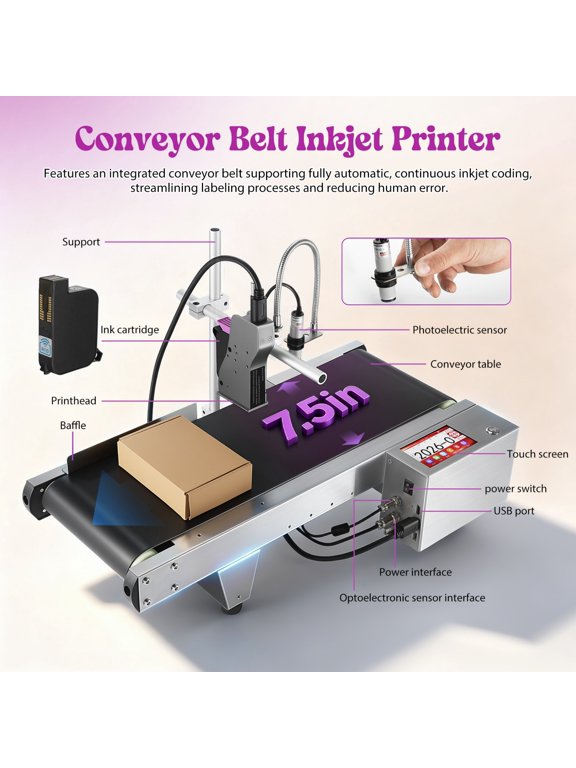 Automatic Inkjet Coding Machine, 2-12.7mm Small Conveyor Inkjet Printer, Automatic Inkjet Coder, Marking Equipment, for Date Coding, Batch Number and Logo Printing