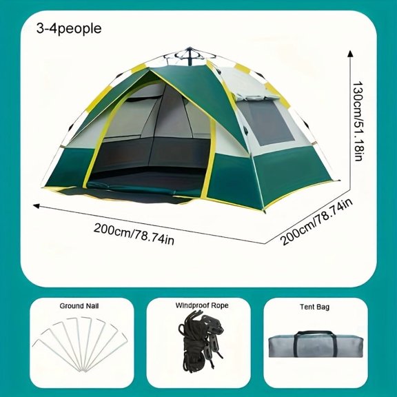 Automatic Instant Pop Up Camping Tent, 1-3/3-4 Person All Season Tent with Dual Doors & Mesh Windows, Windproof Lightweight Green/Yellow Outdoor Shelter for Camping Hiking Hunting Travel