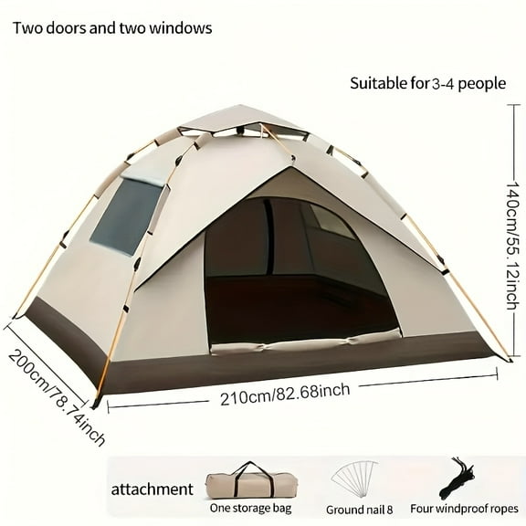 Automatic Instant Setup Camping Tent, 1-4 Person All-Season Tent with Dual Doors & Mesh Windows, Windproof Lightweight for Camping, Hiking, Hunting