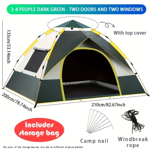 Automatic Instant Setup Camping Tent for 1-4 Persons - All-Season Dual Door Mesh Window, Windproof Lightweight Green/Beige for Camping Hiking Hunting Travel, Campers Accessory & Valentine's Day Gift