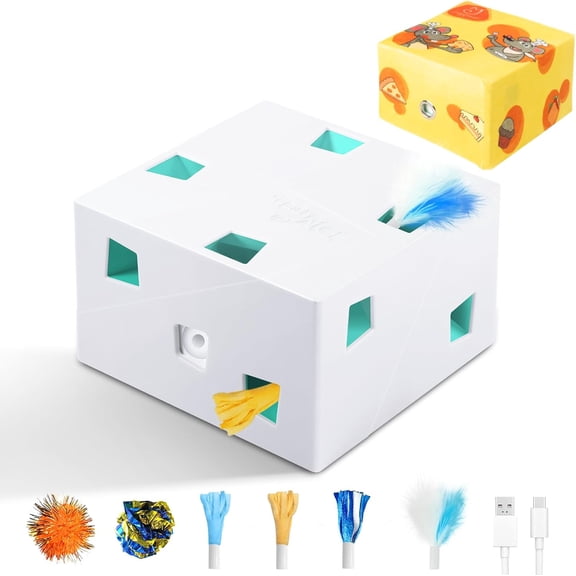Automatic Interactive Cat Toy 3-in-1 with Pop-Out Feathers Mystery Pounce and Cardboard Play Box Rechargeable 12 Holes Includes 8 Accessories White X Large