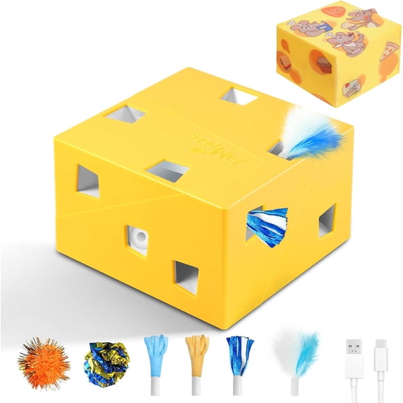 Automatic Interactive Cat Toy with Pop-Out Feathers Random Pounce Feature Rechargeable Yellow Plus X Large