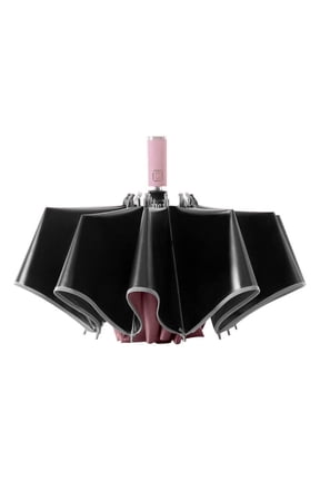 Automatic Inverted Umbrella with Reflective Strip, 10 Ribs Windproof Folding Reverse Umbrella with UV Protection Black Glue Coating for Men and Women, Business Travel Rain and Sun Parasol, Pink