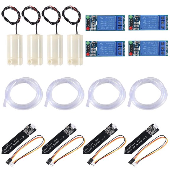 Automatic Irrigation DIY Kit, 4Pcs Capacitive Soil Moisture Sensor+4Pcs 1Channel 5V Relay Module + Water Pump 1M Vinyl Tubing for Arduino Detection Garden Watering