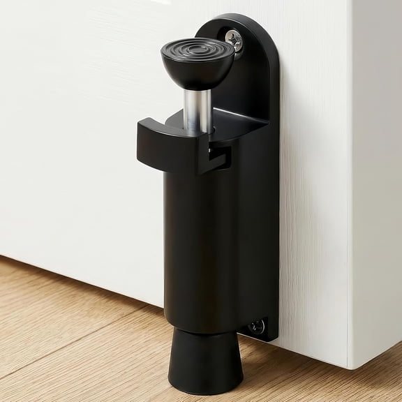 Automatic Kickdown Door Stopper, Adjustable Telescopic Heavy-Duty Commercial Spring-Loaded Foot-Operated Door Stop Holder, Easy Step On/Off Release, Wall Protector, Medium Black(1 Pack)