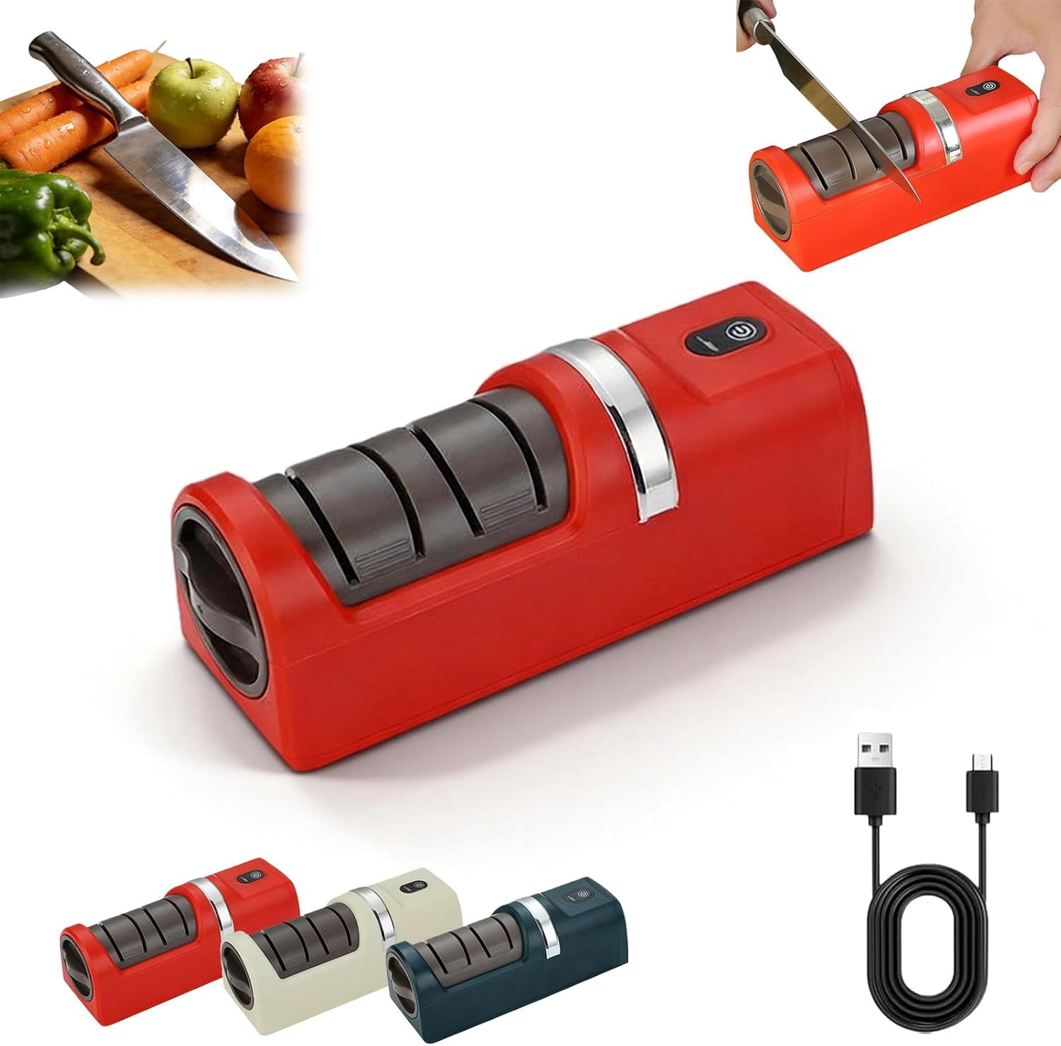 Automatic Kitchen Knife Sharpener, Professional 3-Stage Sharpening with Diamond Abrasive Wheels, Cordless Rechargeable Portable, for Most Household Knives