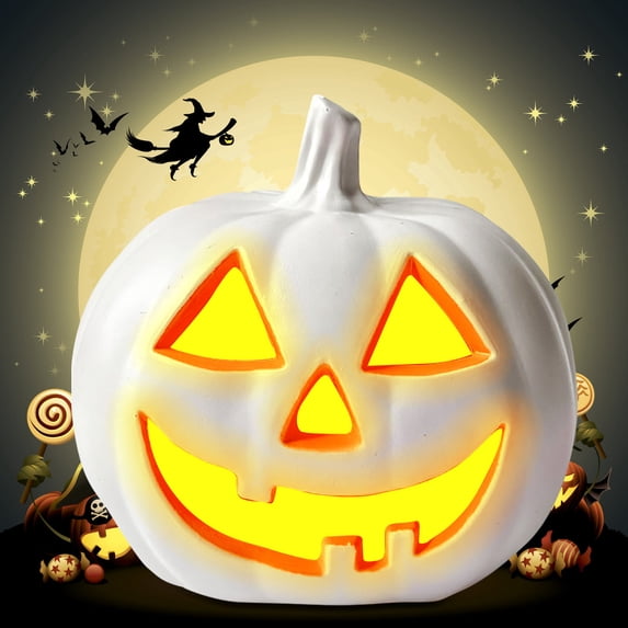 Automatic LED Pumpkin Decoration, Weather Resistant Outdoor Halloween Jack O Lantern, Battery Operated Light Up Pumpkin Lantern for Courtyard Porch Garden Indoor Outdoor Fall Decor
