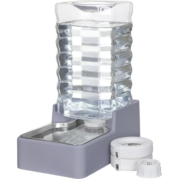 Automatic Lagre Water Dispenser: 9L Dogs Stainless Steel Gravity Light Gray Upgraded Feeder - Two Caps and Filters - Convenient Designed for Multiple Pets
