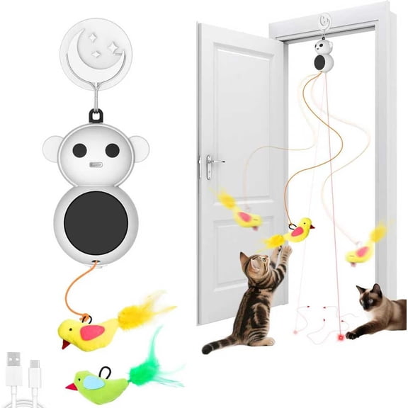 Automatic Laser & Feather Bird Cat Toy, Interactive Play for Cats (Beige)