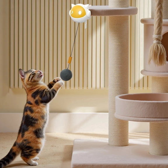 Automatic Lifting Cat Toy, Interactive Cat Teaser Ball with Plush Ball, Cute Cat Head Design, Dual Mode, Clamp Fixed, Space Saving, Ideal for Young Cat and Cats