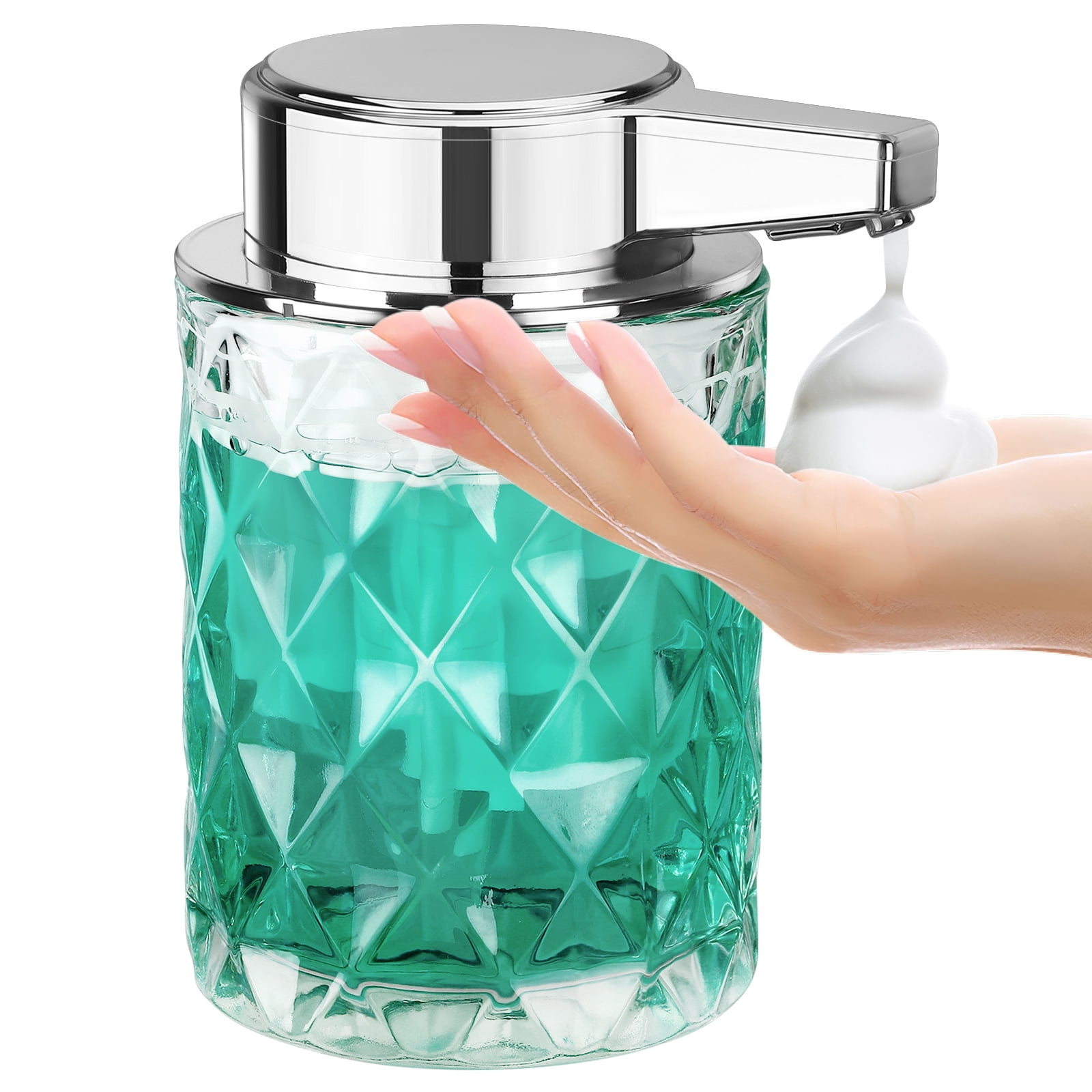 Automatic Liquid Soap Dispenser Touchless Auto Glass Clear Diamond Design Hand Lotion Soap Dispenser with Pump Electric Hands Free Modern Dish Soap Dispenser Rechargeable for Kitchen Bathroom
