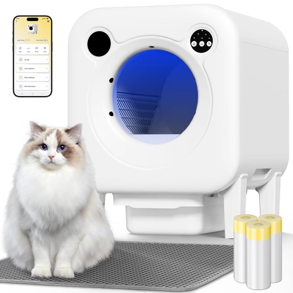 Automatic Litter Box, 4 in 1 Security-System Self Cleaning Litter Box Robot, 75L+12L Extra Large Space for Multiple Cats, APP Control, 1 Free Cat Litter-Mat, 3 Rolls Cats Waste Bag Liners