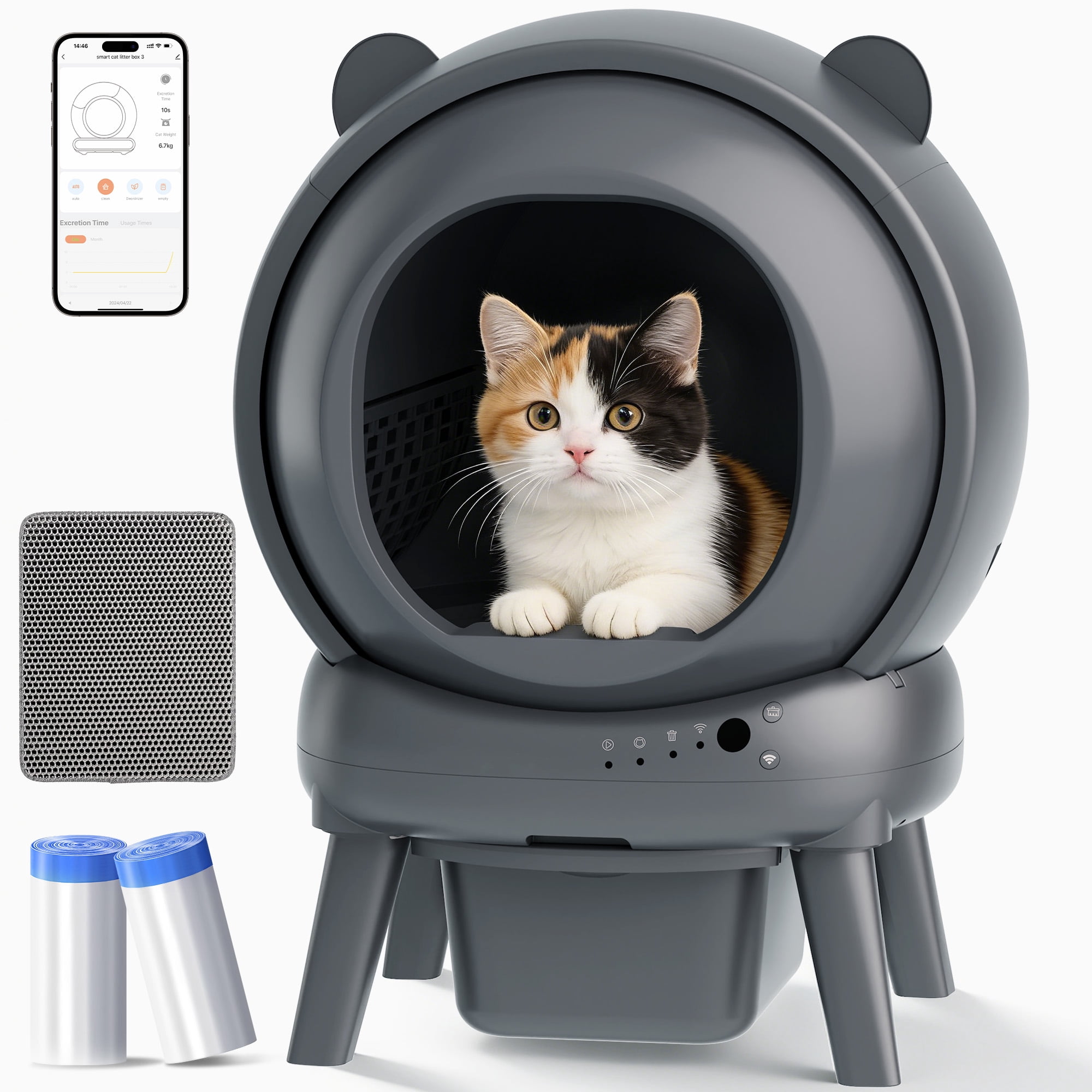 Automatic Litter Box, Cat Litter Box with Self Cleaning & Odor Removal, APP Control, 100L Barrel & 15L Waste Bin, 8 Gravity Sensors, Anti-Pinch, 35dB Quiet, Multi-Cat Litter Box