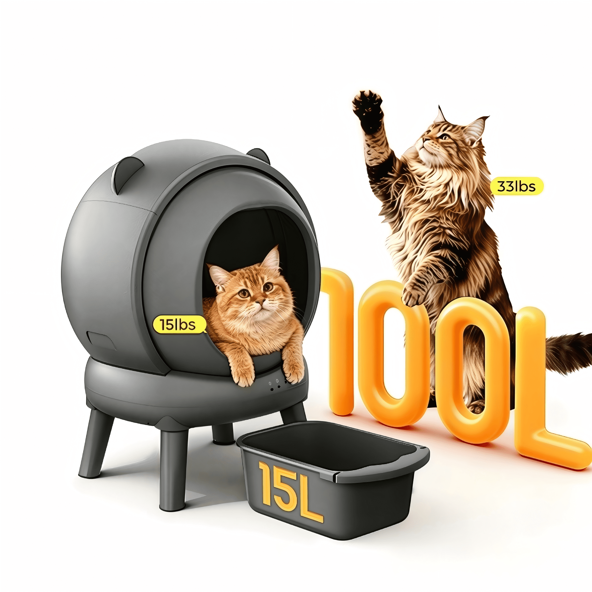 Automatic Litter Box, Self Cleaning Litter Box with App Control, Large Capacity for Multiple Cats, Noise & Odor Control, Dual Safety Sensors, Easy Maintenance with 2 Roll Garbage Bags, Gray