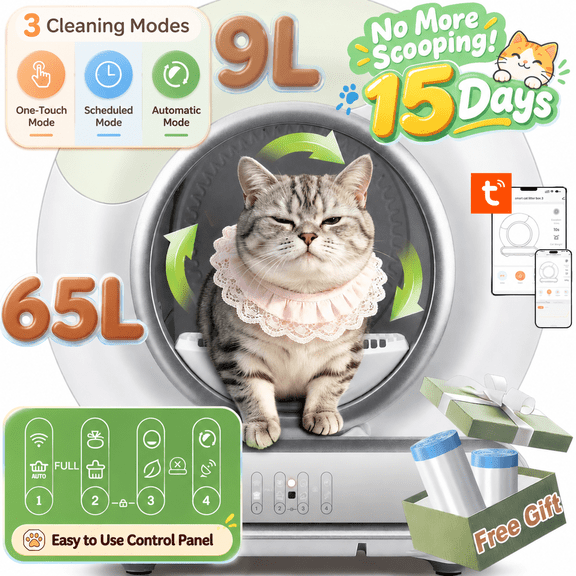 Automatic Litter Box, Upgraded Robot Self Cleaning Cat Litter Box for Multiple Cats, 65L+9L Extra Large, APP Control, Dual Safety Sensors, Odor Removal, 2 Rolls Liner Gift