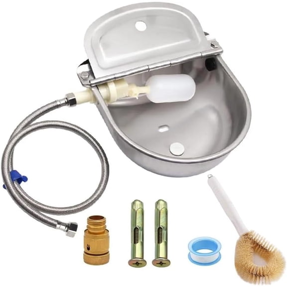 Automatic Livestock Water Bowl 304 Stainless Steel Float Valve Waterer with Float Valve and Drainage Hole, Leak-Proof Drinking Bowl with Full Installation Kit, Wall Mount Waterer for Dog, Horse, Goat