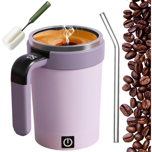 Automatic Magnetic Stirring Coffee Mug, Electric Coffee Mug with a Built-in LCD Thermometer, Perfect for Brewing Coffee, Milk, Cocoa, Etc. (B Style-Purple)