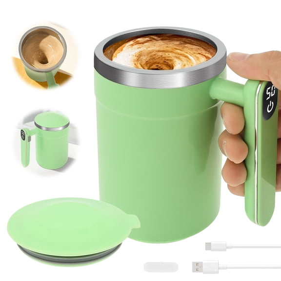 Fkszll Automatic Magnetic Stirring Coffee Mug, Stainless Steel Thermal Cup, 14oz (400ml) With Handle Temp Display, Type-C Charge, Self-Mixing Travel Drinkware (Green)