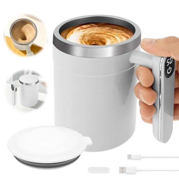 Fkszll Automatic Magnetic Stirring Coffee Mug, Stainless Steel Thermal Cup, 14oz (400ml) With Handle Temp Display, Type-C Charge, Self-Mixing Travel Drinkware (White)