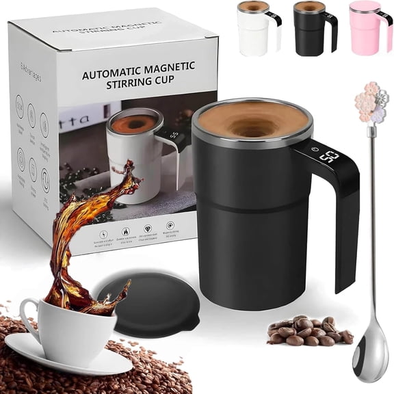 Automatic Magnetic Stirring Cup & Electric Coffee Mug with A Built-in LCD Thermometer, Perfect for Brewing Coffee, Milk, Cocoa, Etc | Self-Stirring Travel Mug (Black)