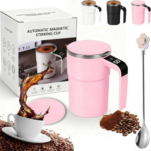Automatic Magnetic Stirring Cup & Electric Coffee Mug with A Built-in LCD Thermometer, Perfect for Brewing Coffee, Milk, Cocoa, Etc | Self-Stirring Travel Mug (Pink)