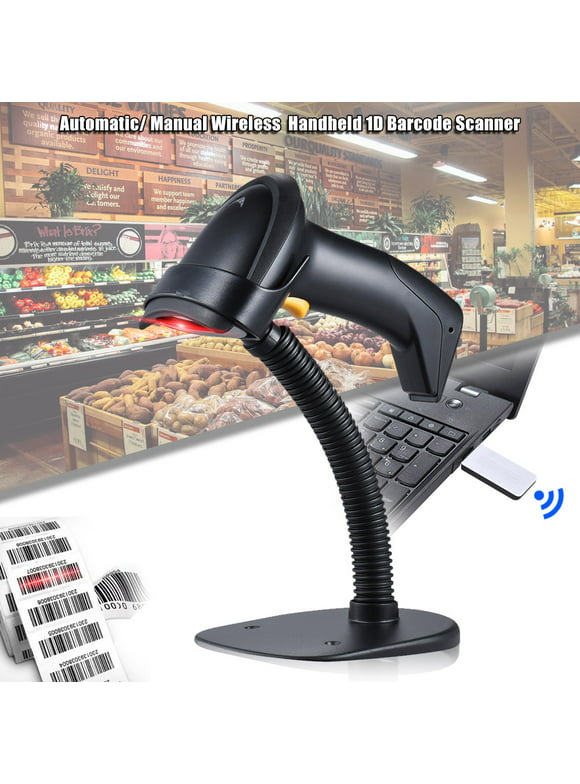 Automatic/ Manual 2.4G Wireless Handheld 1D Barcode Scanner Reader Supports Reverse Type Bar Code Scanning with USB Receiver Adjustable Stand for Supermarket Library Logistics Express Retail Store War