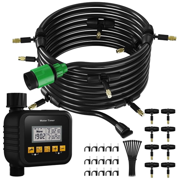 Automatic Misting System with Smart Water Timer, 8 Brass Mist Nozzles and Preassembled Hose, Outdoor Cooling Watering Kit for Patio, Greenhouse, Garden, Chicken Coop and Backyard