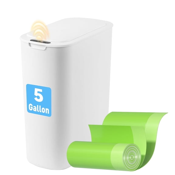 Automatic Motion Sensor Bathroom Trash Can with Lid, 5 Gallon Touchless Trash Bin,Smart Electric Narrow Waterproof Garbage Bin for Toilet, Office, Bedroom, Living Room, Dorm (White