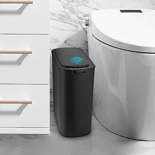 Automatic Motion Sensor Black Bathroom Trash Can with Lid, 2.6 Gallon Touchless Trash Bin, Smart Plastic Slim Garbage Can Small Wastebasket for Toilet, Office, rv, Bedroom, Living Room