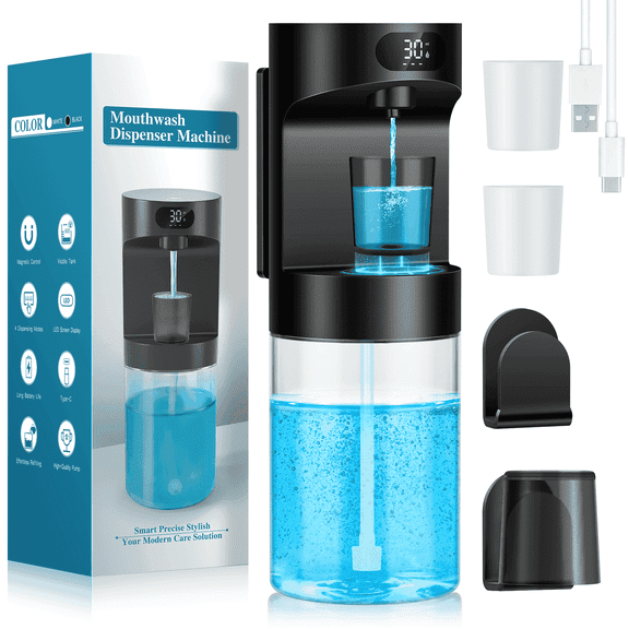 Automatic Mouthwash Dispenser for Bathroom, 21.12 oz Electric Smart Dispenser with 4 Magnetic Cup, 4 Dispensing Levels, Wall Mounted and Countertop Mouth Wash Dispenser for Home Kids Elderly, Black