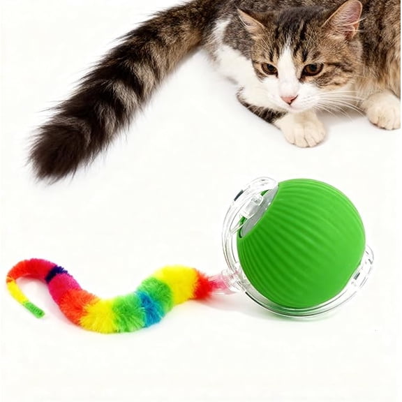 Automatic Moving Pet Toy Ball, Interactive Self Rolling Cat Dog Toy with Rainbow Worm Tail, USB Rechargeable Durable Anti-Bite Self Play Toy for Kitten Puppy Indoor Entertainment