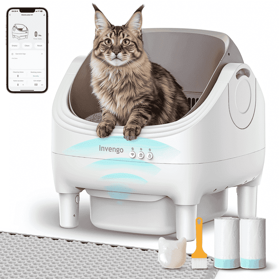Invengo Automatic Cat Litter Box Self Cleaning, Large Litter Box for Multiple Cats, Ultra-Quiet with Advanced Odor Control, Safety Sensors, App Control, Champagne