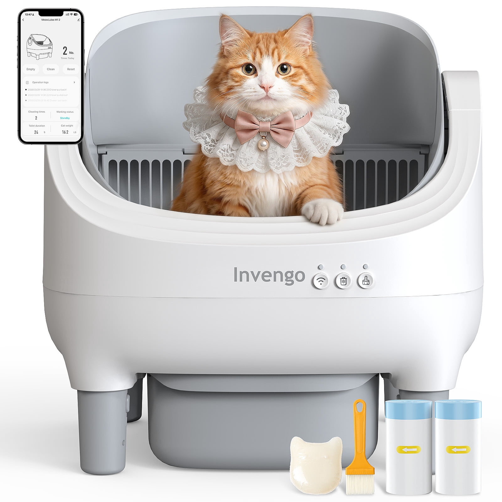 Invengo Automatic Cat Litter Box Self Cleaning, Large Litter Box for Multiple Cats, Ultra-Quiet with Advanced Odor Control, Safety Sensors, App Control, Gray