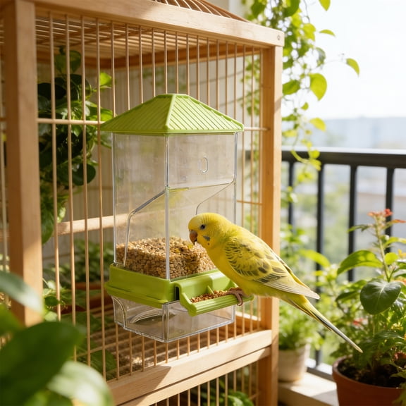 Automatic Parrot Feeder for Small Birds, Transparent Wall Mounted Bird Cage Food Dispenser, Gravity Fed Seed Keeper with Spill Proof Tray, Moisture Sealed Bird Feeder for Home or Aviary